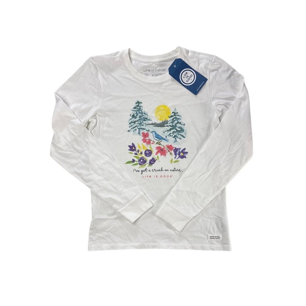 Life Is Good Long Sleeve Tee Winter Crush Graphic White Womens XS NWT